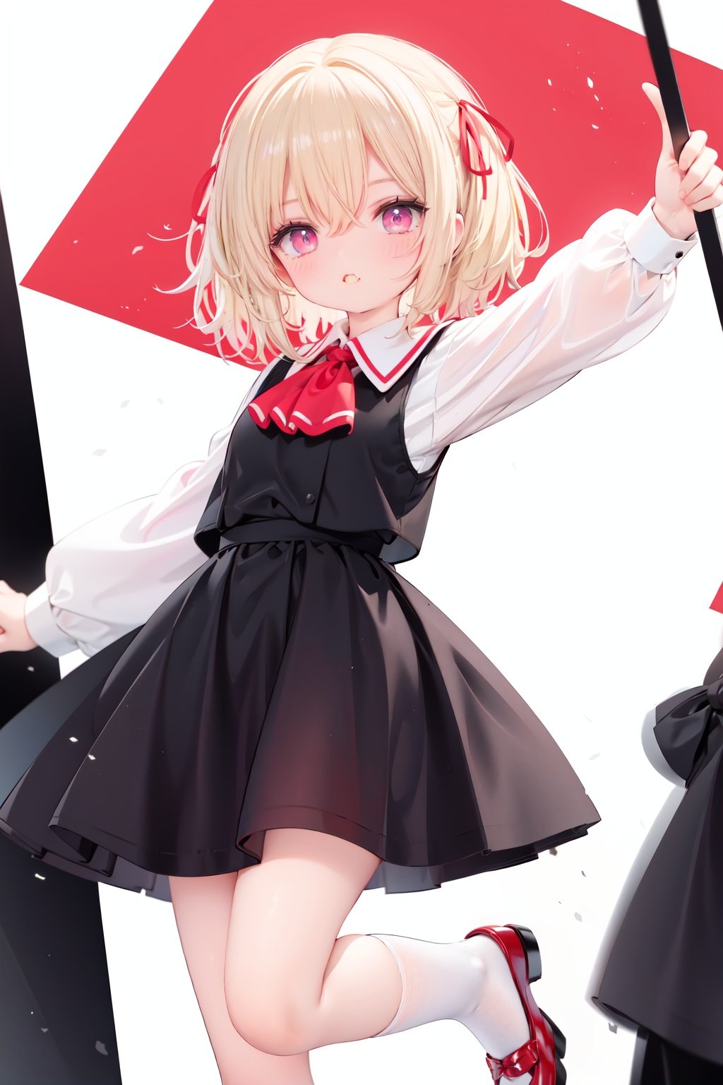  1girl, rumia, blonde hair, solo, white background, red eyes, red footwear, simple background, ascot, short hair, ribbon, open mouth, hair ribbon, smile, long sleeves, shirt, looking at viewer, red ascot, white socks, white shirt, red ribbon, shoes, socks, frills, bangs, outstretched arms, hair between eyes, skirt, :d, dress, vest, mary janes, black dress, black skirt, collared shirt, black vest, blush