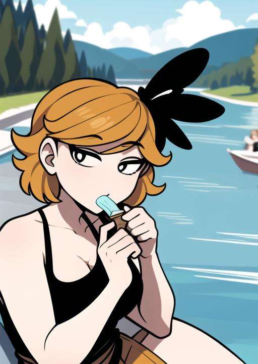 <lora:derpina-09:1> derpina, sitting in italian  Fondamenta, eating ice cream, river background, detailed background, masterpiece, best quality