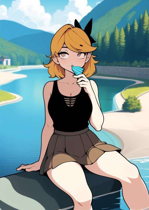 <lora:derpina-09:1> derpina, sitting in italian  Fondamenta, eating ice cream, river background, detailed background, masterpiece, best quality