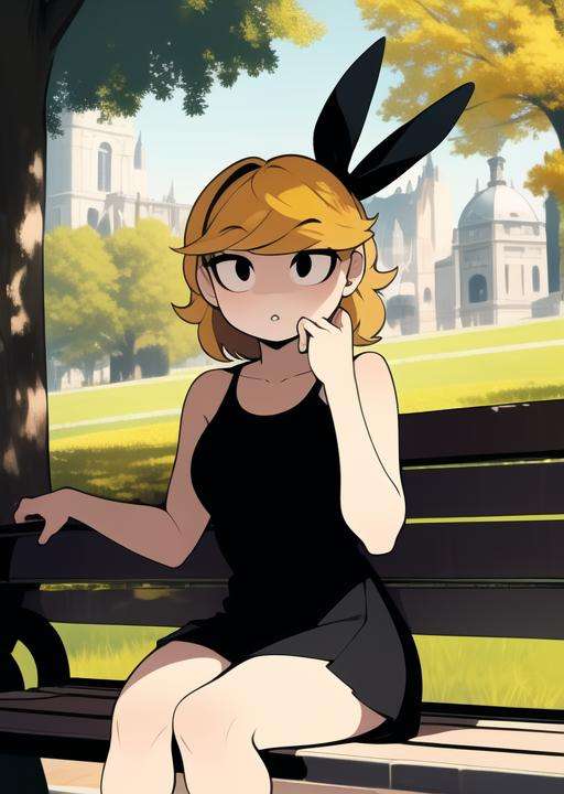 <lora:derpina-09:1> derpina, detailed background, sitting on bench, outdoors, public park, masterpiece, best quality