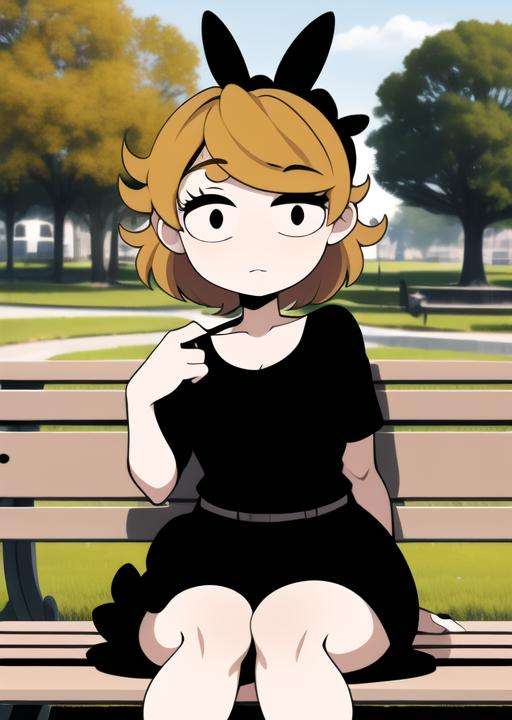 <lora:derpina-09:1> derpina, detailed background, sitting on bench, outdoors, public park, masterpiece, best quality