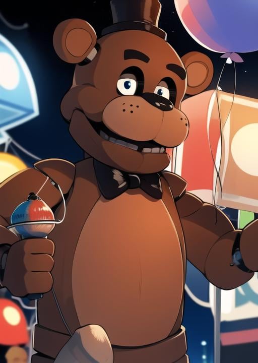 <lora:fnaf-freddy:1> freddy detailed background, holding balloons, in carnival, night time, festival, night, stretched arm, masterpiece, best quality