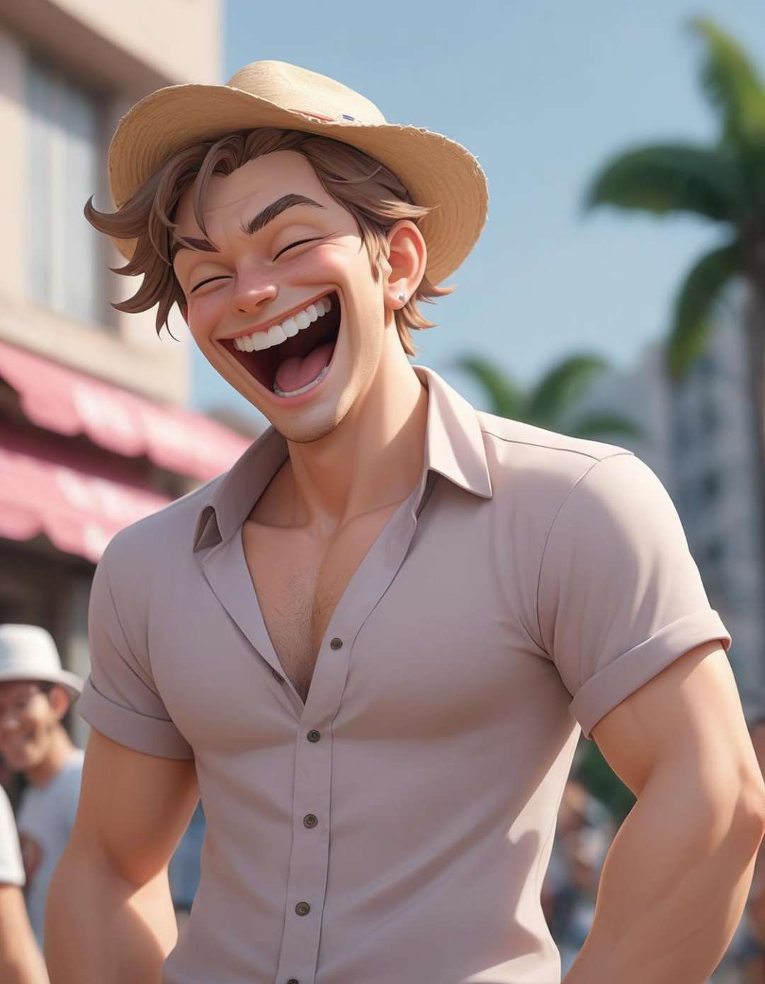 anime niji illustration ,  laughing uncontrollably super funny ,  + / A beefy light brown haired man on vacation enjoying...