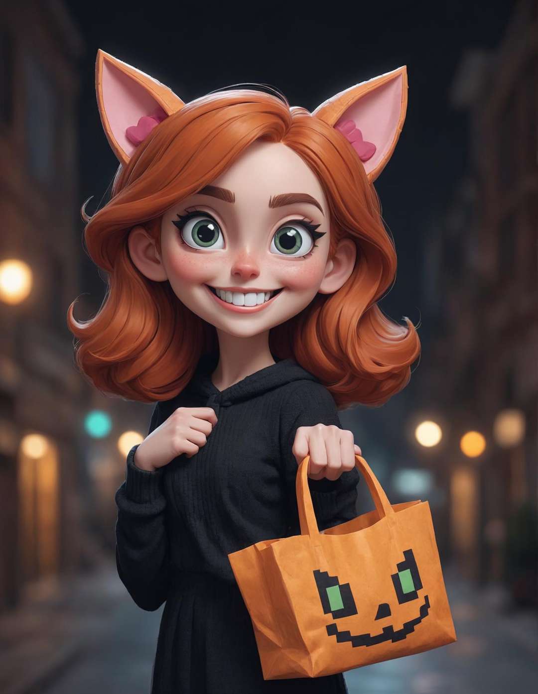 Pixel Art pixelated pixel pixel ,  extremely content happy smile ,  + / A fit red haired woman at night in the city by 乐乐乐...