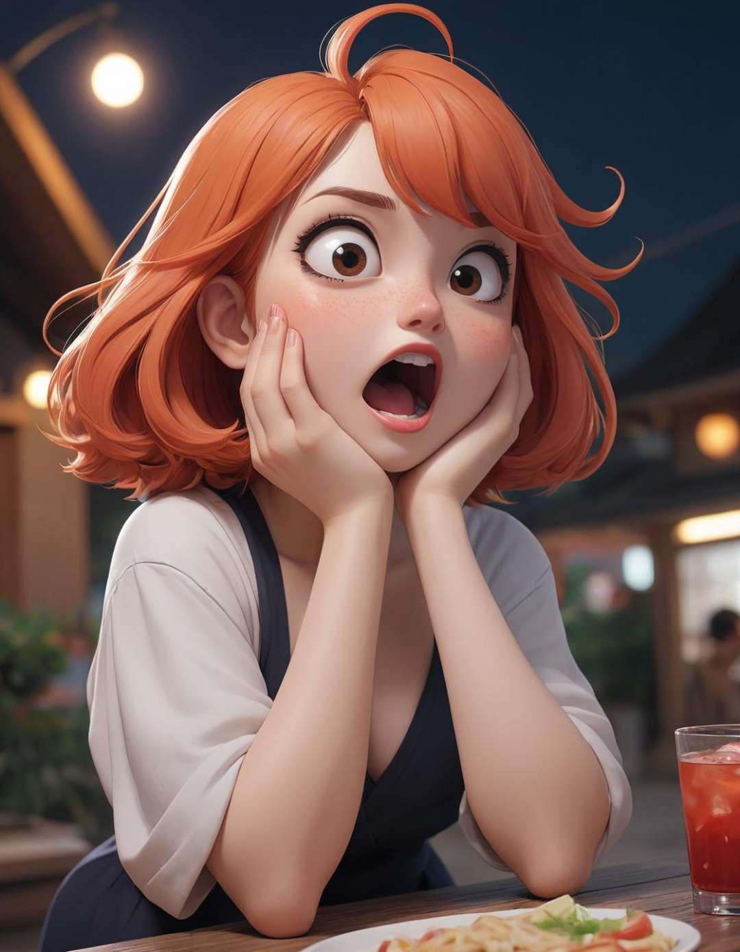 anime niji illustration ,  a look of shock ,  + / A dwarf red haired woman on vacation enjoying the local party scene in T...