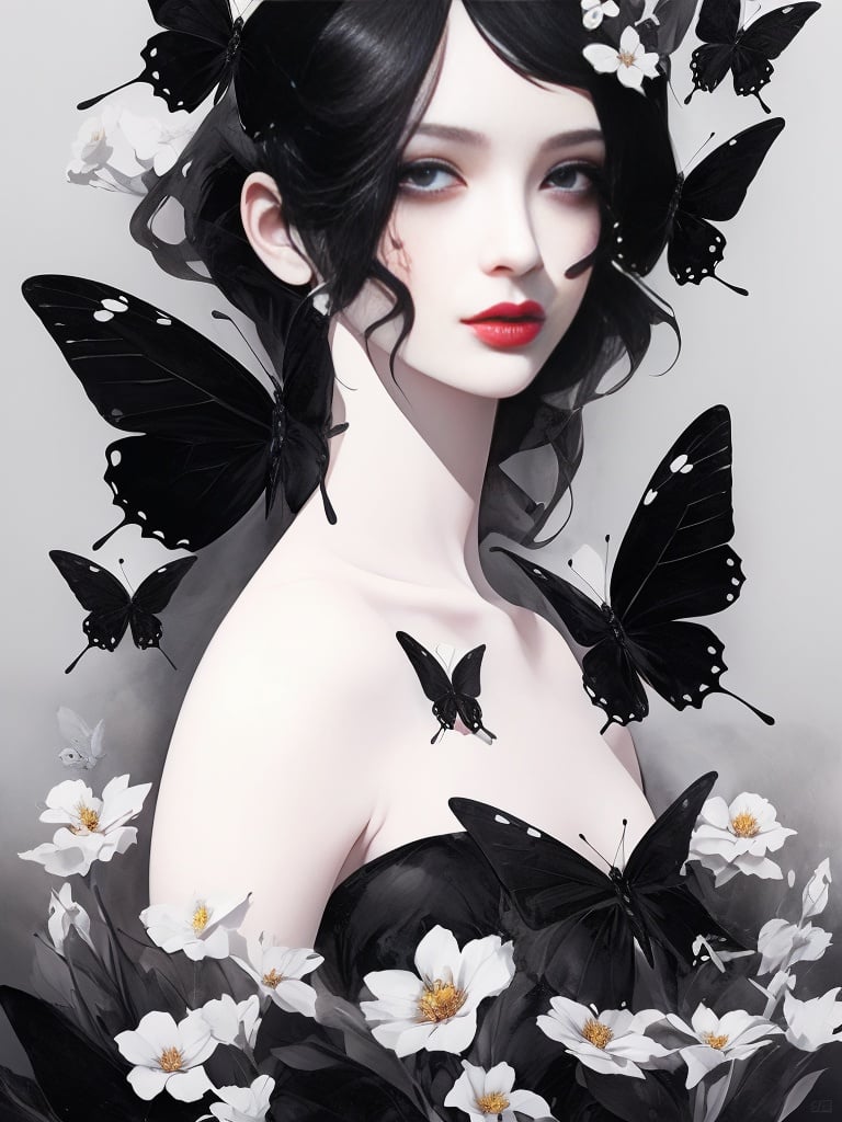 <lora:水墨人像-v1:0.6>,Ink painting,1girl,butterfly,bug,solo,flower,red lips,covered eyes,black hair,portrait,white butterfly,closed mouth,lips,simple background,collarbone,white background,