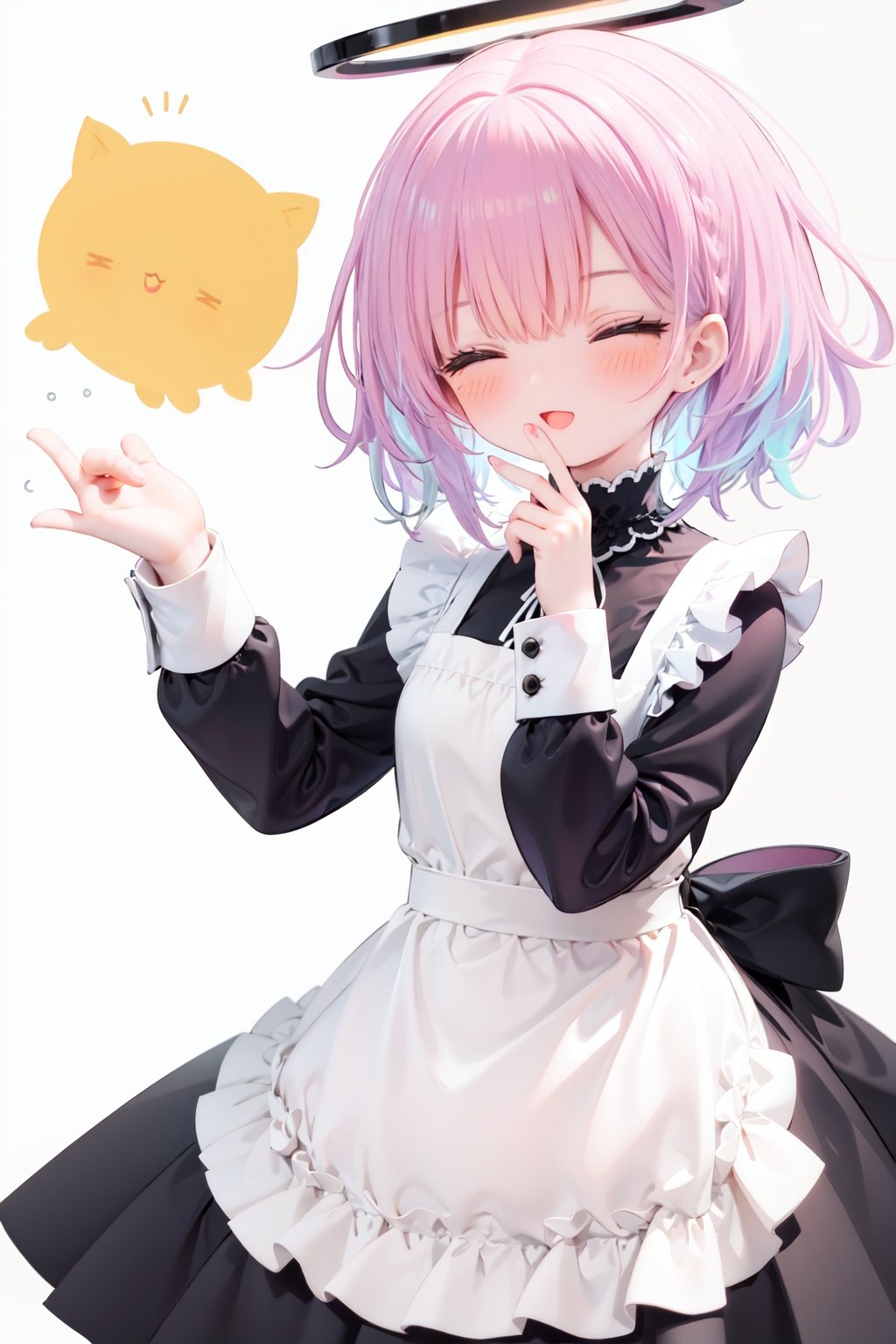  1girl, solo, apron, halo, hair over one eye, closed eyes, smile, white background, dress, white apron, simple background, long sleeves, multicolored hair, braid, open mouth, blue hair, alternate costume, blush, bangs, :d, pink hair, black dress, ribbon, frilled dress, enmaided, short hair, hand up, colored inner hair