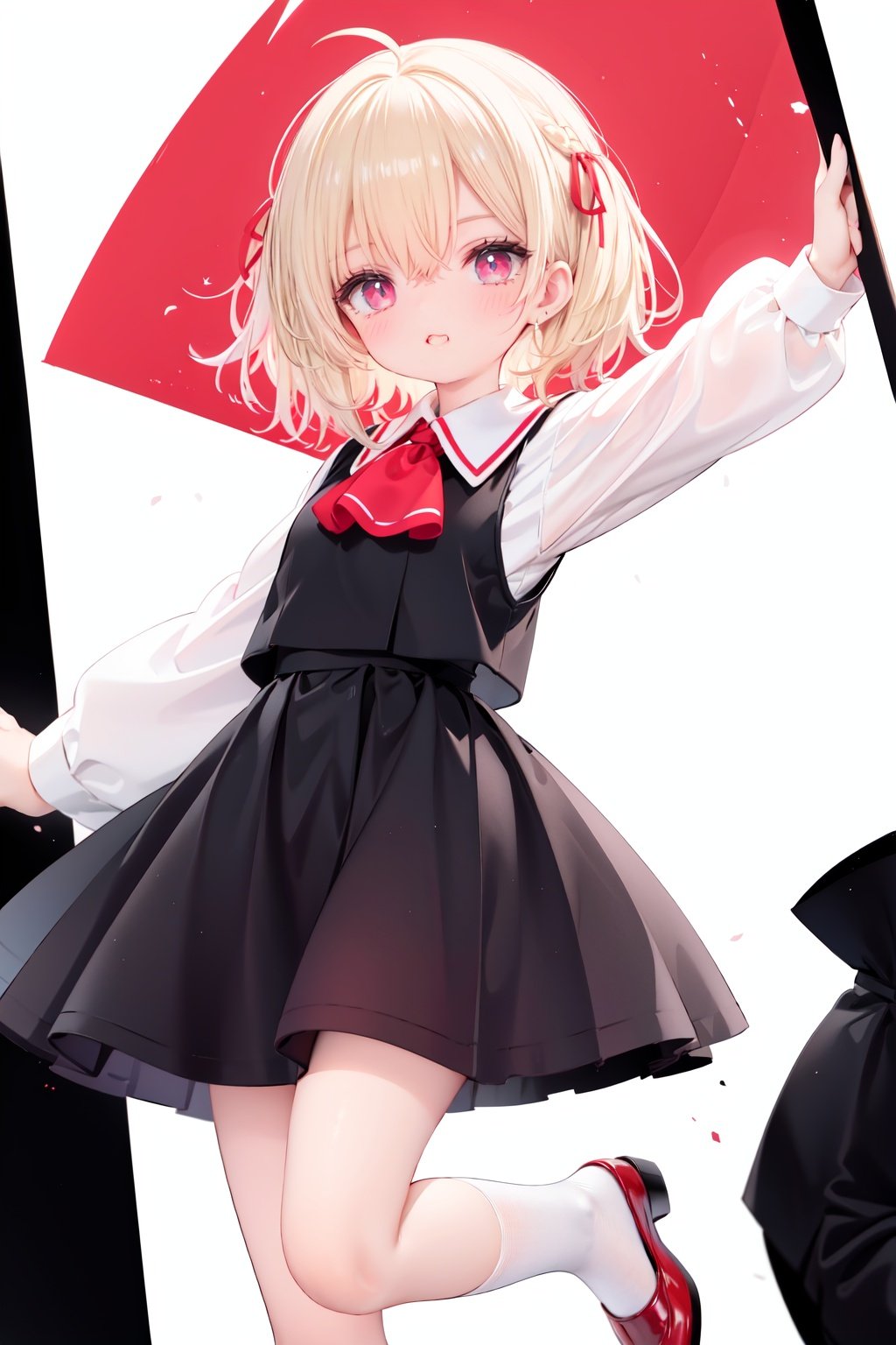  1girl, rumia, blonde hair, solo, white background, red eyes, red footwear, simple background, ascot, short hair, ribbon, open mouth, hair ribbon, smile, long sleeves, shirt, looking at viewer, red ascot, white socks, white shirt, red ribbon, shoes, socks, frills, bangs, outstretched arms, hair between eyes, skirt, :d, dress, vest, mary janes, black dress, black skirt, collared shirt, black vest, blush