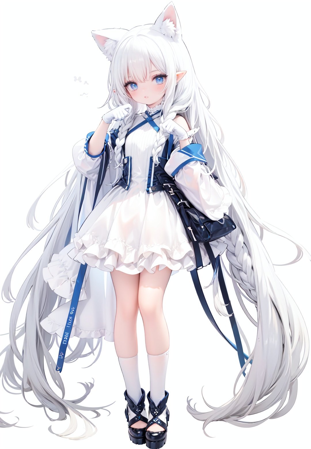  1girl, white_gloves, braid, full_body, gloves, long_hair, official_alternate_costume, pointy_ears, simple_background, solo, standing, very_long_hair, white_background, white hair, blue eyes, paw claw pose, open_mouth