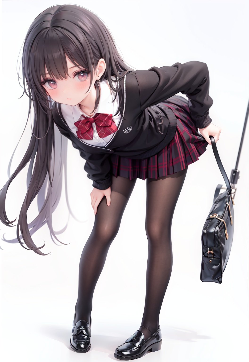  1girl, solo, pantyhose, skirt, long hair, loafers, shoes, simple background, school uniform, brown eyes, plaid, black pantyhose, plaid skirt, looking at viewer, black hair, pantyhose pull, full body, clothes pull, black footwear, pleated skirt, leaning forward, bangs, long sleeves, bent over, cardigan, bow, bowtie, standing, closed mouth, pulled by self, grey background, blush, miniskirt, red bow, sweater, undressing