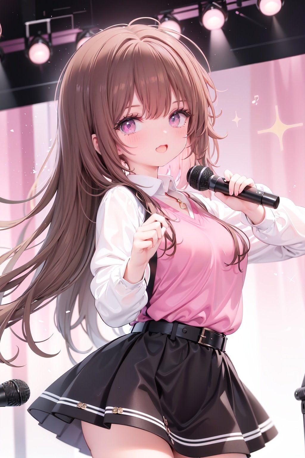  1girl, solo, microphone, smile, skirt, blush, brown eyes, long hair, open mouth, looking at viewer, brown hair, long sleeves, :d, shirt, bangs, belt, breasts, pink shirt, outstretched arm, music, black belt, medium breasts, holding microphone, singing