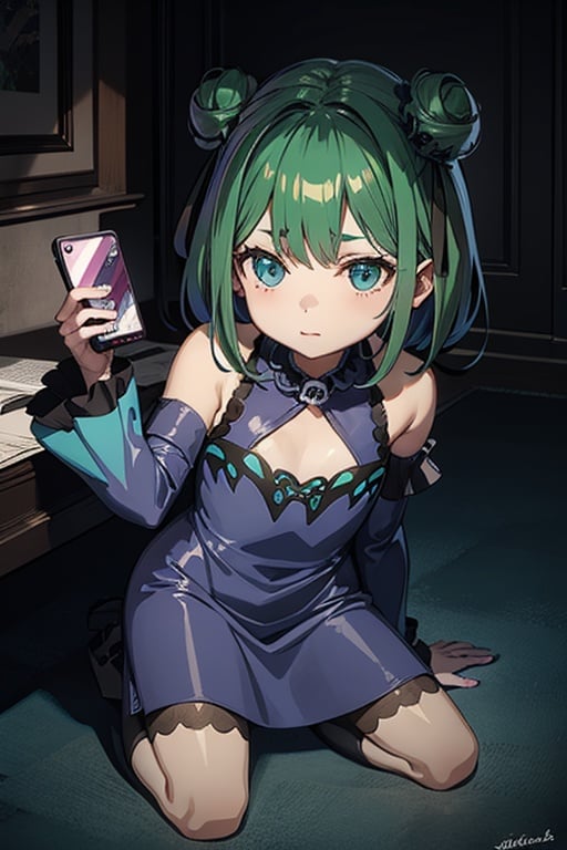 (masterpiece, best quality:1.2), 1girl, anime girl with green hair and blue dress  holding a cell phone, anime girl with teal hair, anime visual of a cute girl, mikudayo, portrait of an anime girl, anime moe artstyle, marin kitagawa fanart, young anime girl, small curvy loli, cute anime waifu in a nice dress, portrait of cute anime girl, made with anime painter studio
,full body