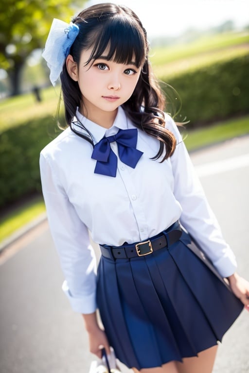 masutepiece, Best Quality, {Best Quality}, {{masutepiece}}, {hight resolution}, Illustration, 1girl in, Inoue Takina, Long hair, Bangs, Black hair, (Purple eyes:1.2), blush, Shirt, Long sleeves, Dress, bow ribbon, School uniform, White shirt, Collared shirt, Belt bag, Neck ribbon, Blue Dress, Green Ribbon, pleated dress, grey dress, two-tone dress, Blue belt, Lycoris Uniform, Looking at Viewer