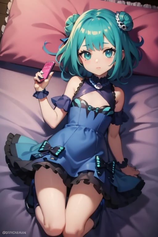 (masterpiece, best quality:1.2), 1girl, anime girl with green hair and blue dress  holding a cell phone, anime girl with teal hair, anime visual of a cute girl, mikudayo, portrait of an anime girl, anime moe artstyle, marin kitagawa fanart, young anime girl, small curvy loli, cute anime waifu in a nice dress, portrait of cute anime girl, made with anime painter studio
,full body