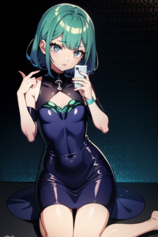 (masterpiece, best quality:1.2), 1girl, anime girl with green hair and blue dress  holding a cell phone, anime girl with teal hair, anime visual of a cute girl, mikudayo, portrait of an anime girl, anime moe artstyle, marin kitagawa fanart, young anime girl, small curvy loli, cute anime waifu in a nice dress, portrait of cute anime girl, made with anime painter studio
,full body