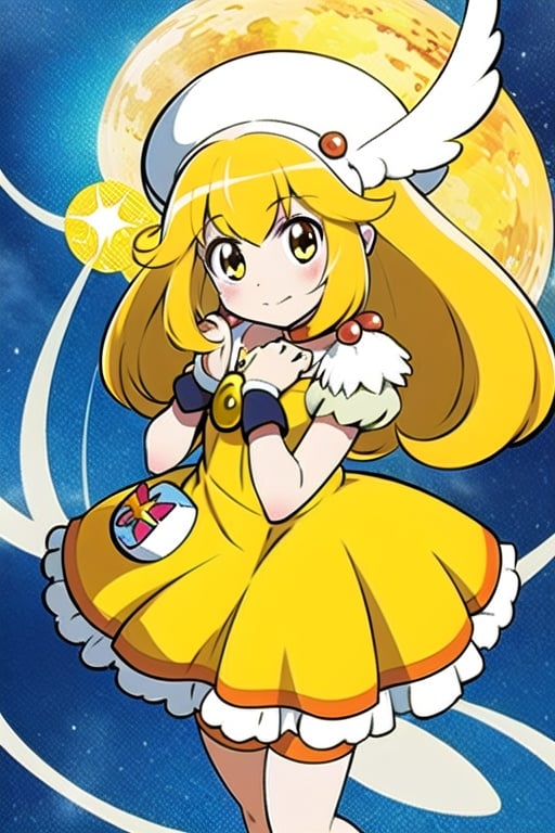 a woman in a yellow dress and a hat with a bird on her head, symphogear, anime girl named lucy, anime visual of a cute girl, rei hiroe, magical girl anime mahou shojo, yami kawaii, best anime character design, daytime ethereal anime, yellow radiant magic, aya takano color style, anime best girl, portrait of magical girl