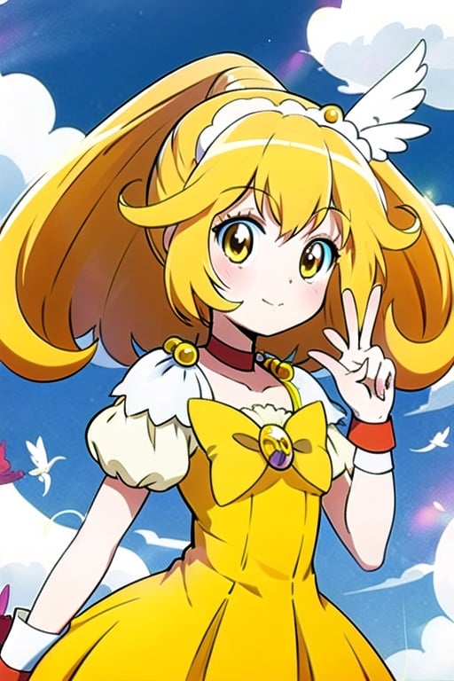 a woman in a yellow dress and a hat with a bird on her head, symphogear, anime girl named lucy, anime visual of a cute girl, rei hiroe, magical girl anime mahou shojo, yami kawaii, best anime character design, daytime ethereal anime, yellow radiant magic, aya takano color style, anime best girl, portrait of magical girl