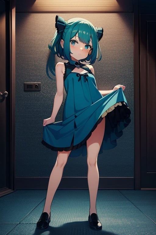 (masterpiece, best quality:1.2), 1girl, anime girl with green hair and blue dress  holding a cell phone, anime girl with teal hair, anime visual of a cute girl, mikudayo, portrait of an anime girl, anime moe artstyle, marin kitagawa fanart, young anime girl, small curvy loli, cute anime waifu in a nice dress, portrait of cute anime girl, made with anime painter studio
,full body