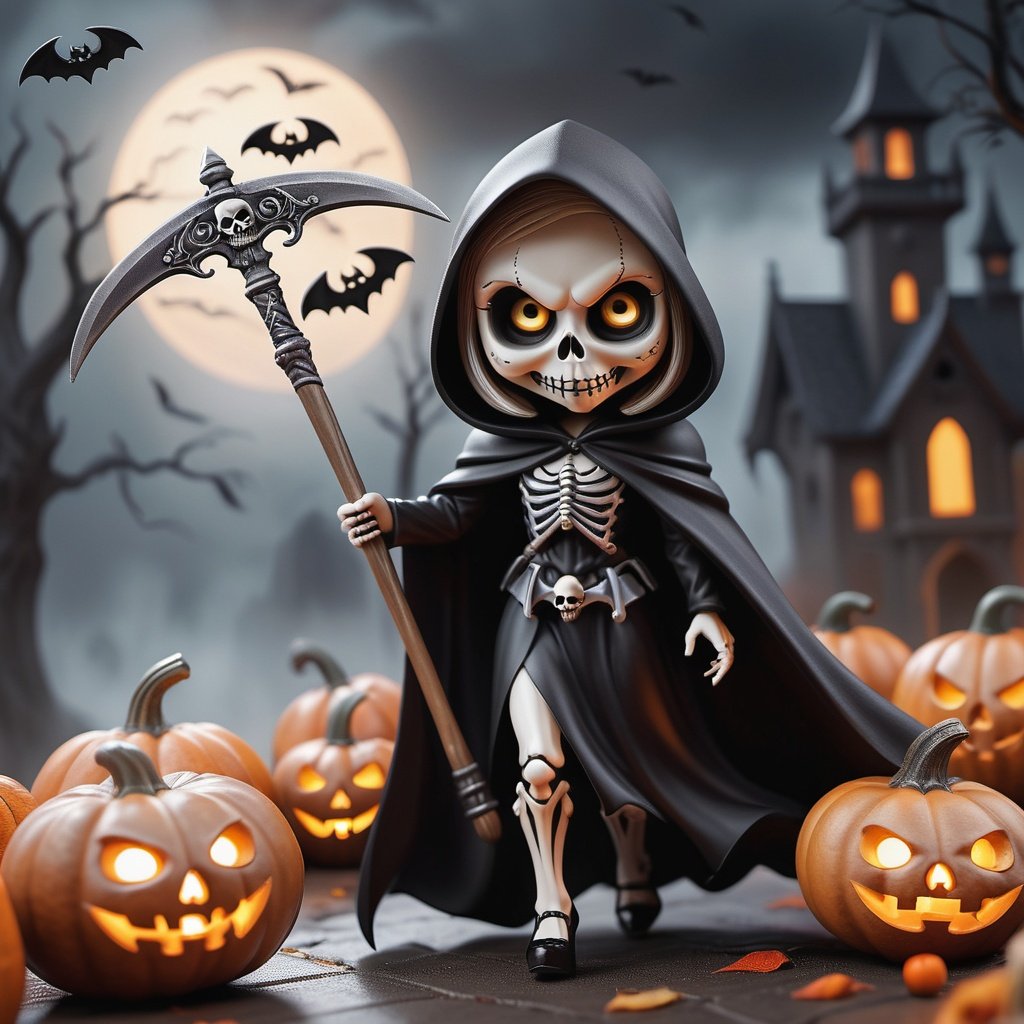 Photorealistic chibi art style,  big detailed eyes,  highly detailed,  artistic,  a sexy girl grim reaper wearing a cloak with high heels holding a scythe,  following an old woman,  misty,  volumetric lighting,  surrounding with skulls and pumpkins,  windy,  depth of field,  dynamic angle,  bats flying in the background,  2 girls,  , chibi, hallow33n
