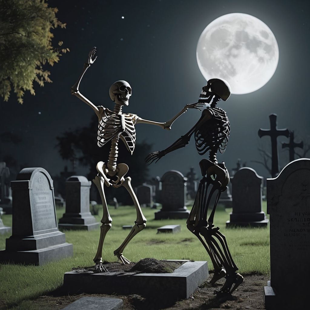 A mischievous skeleton in Cemetery full of tomb stone,  dynamic pose,dancing with another skeleton  siluet under moonlight,  add some mystery and spooky atmosphere in this scene,  (hyper-realistic:1.2),  dark tones,  ethereal light orb,  ultra high resolution,  8k,  ultra high quality,  screaming and tense fear,  cinematic lighting,  high contrast,  low saturation,  vibrant color,  sharp focus,  depth_of_field,  volumetric mist,  EpicArt, perfect body, hallow33n
