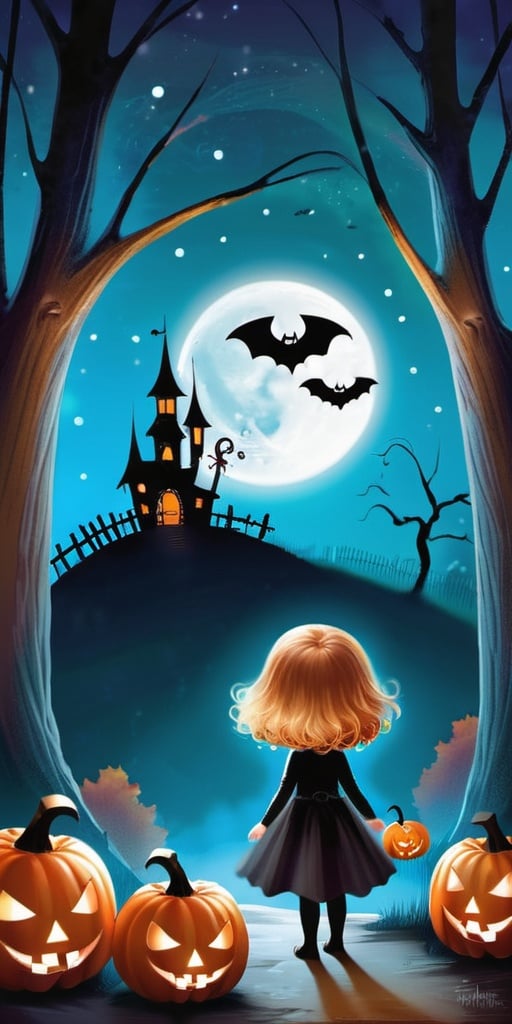 Craft a captivating and cute Halloween image with a fantasy twist,  featuring magical and colorful elements. Envision an enchanting scene with cute characters,  vibrant colors,  and whimsical details that evoke the spirit of Halloween in a beautiful and fantastical way. Request high-detail to capture the intricate and charming aspects,  ensuring this Halloween-style image becomes a magical and visually stunning portrayal of the festive season, halow33n
