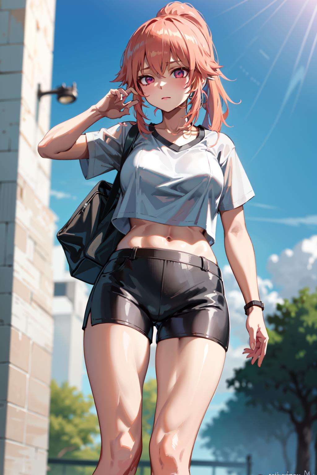 a girl, from below, tshirt and (short shorts), colored_inner_hair, long hair, ponytail, midriff <lora:KitsuneAi-KiaraAlter-LoCon32-V2-000011:0.6>