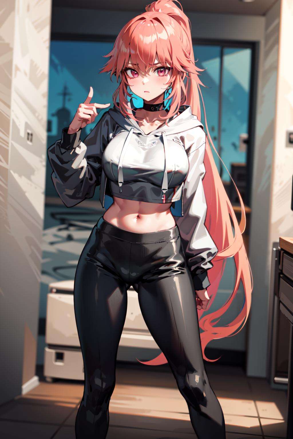 a girl, hoodie and leggings, colored_inner_hair, long hair, ponytail, midriff <lora:KitsuneAi-KiaraAlter-LoCon32-V2-000011:0.6>