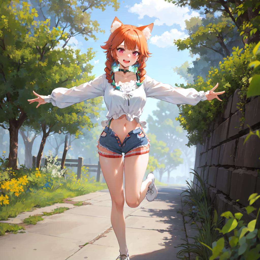 nature, 1girl, freizeitmode, full body, white shirt, denim shorts, double braid, choker, midriff, cat ears, thighs, outstretched_arms, <lyco:Kiara-LoCon32V2-000009:1.0>