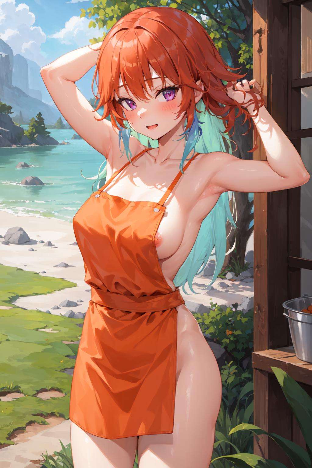 nature, 1girl, kiarafree, nude, orange apron, long hair, <lyco:Kiara-LoCon32V2-000009:0.9>