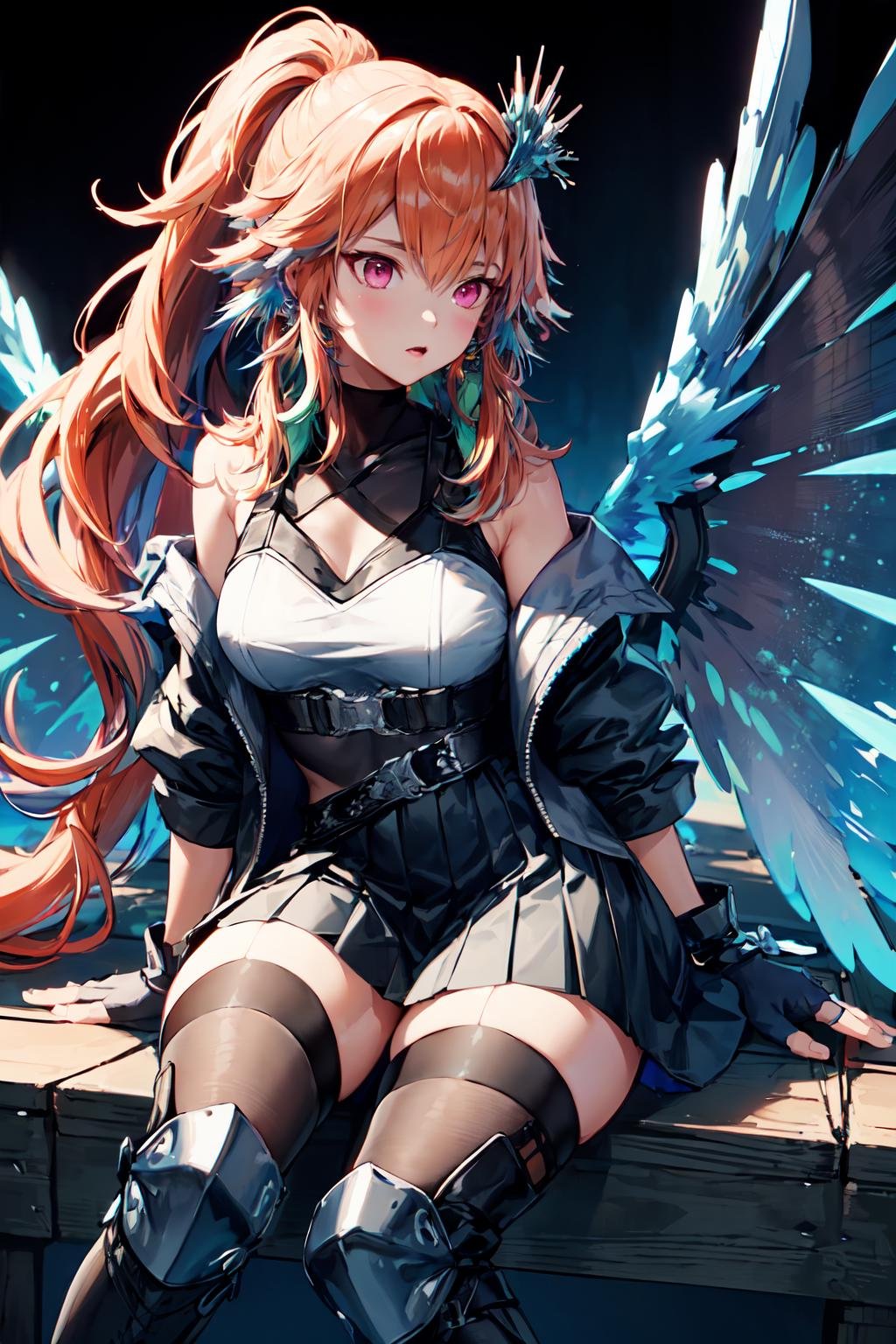 (takanashi kiara)  <lora:KitsuneAi-KiaraAlter-LoCon32-V3:1>long hair, jewelry, feathers, gloves, ponytail, feather earrings, fingerless gloves, thighhighs, colored inner hair, bangs, skirt, wings, jacket, medium breasts, boots