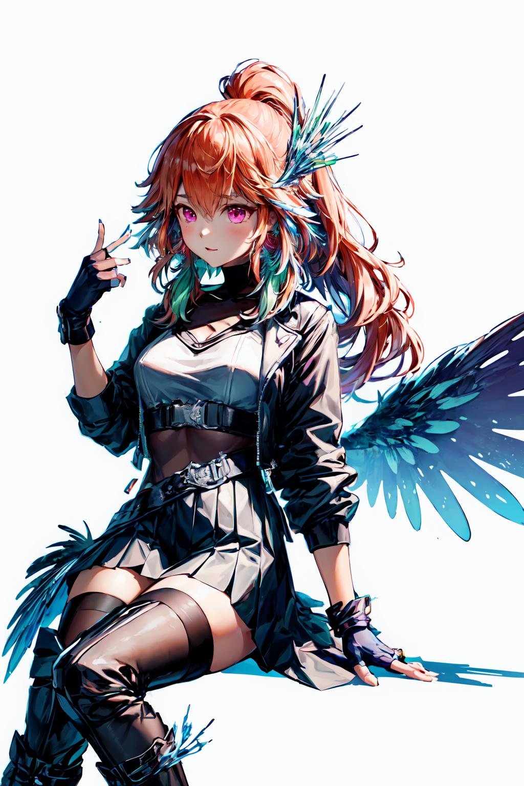 (takanashi kiara)  candid <lora:KitsuneAi-KiaraAlter-LoCon32-V3:1>long hair, jewelry, feathers, gloves, ponytail, feather earrings, fingerless gloves, thighhighs, colored inner hair, bangs, skirt, wings, jacket, medium breasts, boots