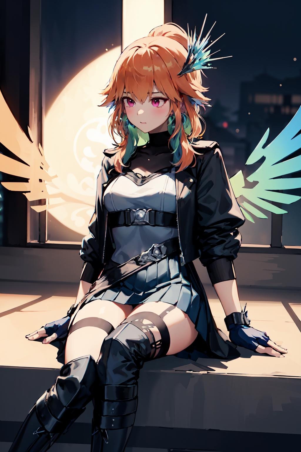 (takanashi kiara)  candid <lora:KitsuneAi-KiaraAlter-LoCon32-V3:1>long hair, jewelry, feathers, gloves, ponytail, feather earrings, fingerless gloves, thighhighs, colored inner hair, bangs, skirt, wings, jacket, medium breasts, boots