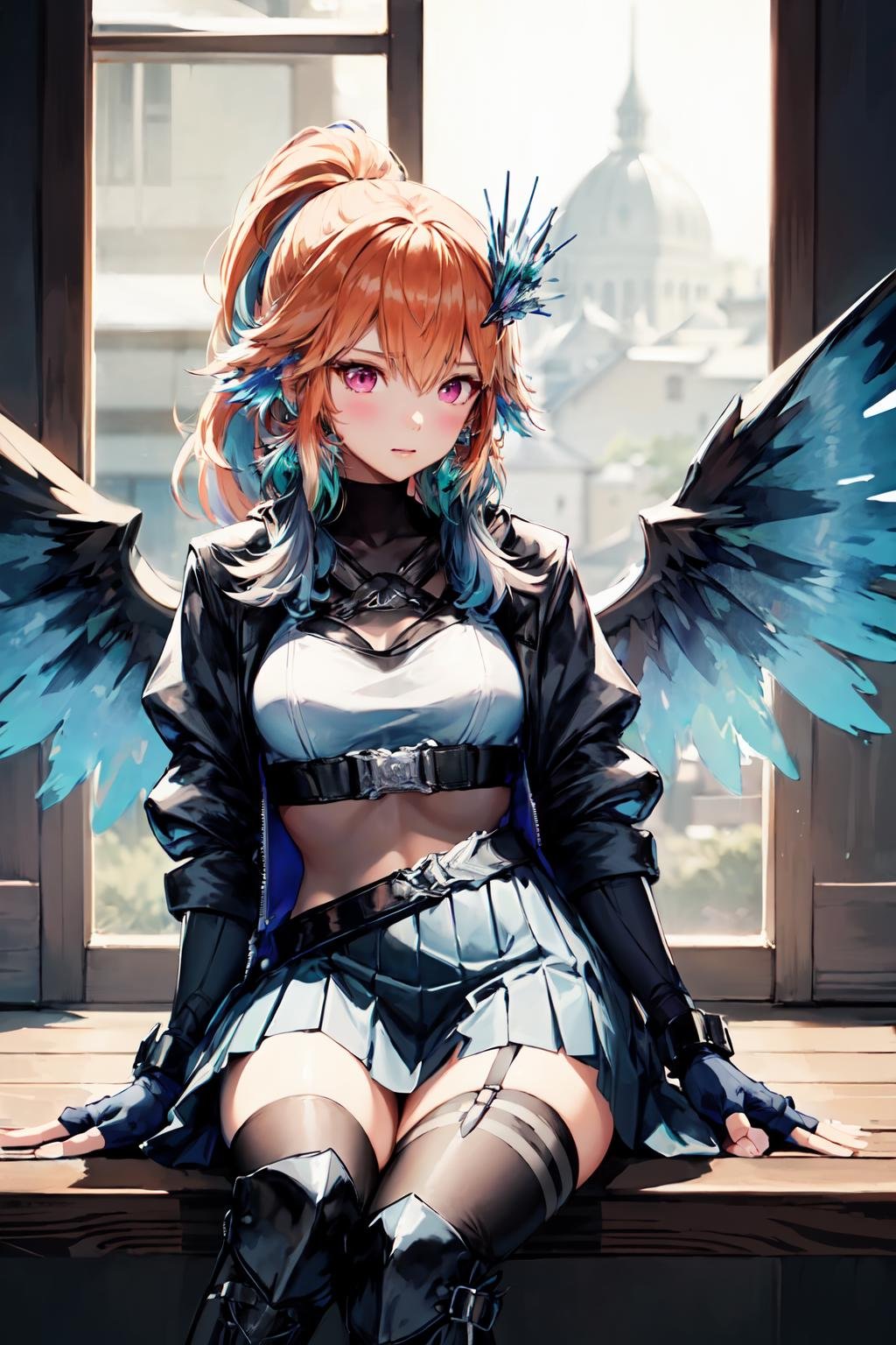 (takanashi kiara)  candid <lora:KitsuneAi-KiaraAlter-LoCon32-V3:1>long hair, jewelry, feathers, gloves, ponytail, feather earrings, fingerless gloves, thighhighs, colored inner hair, bangs, skirt, wings, jacket, medium breasts, boots