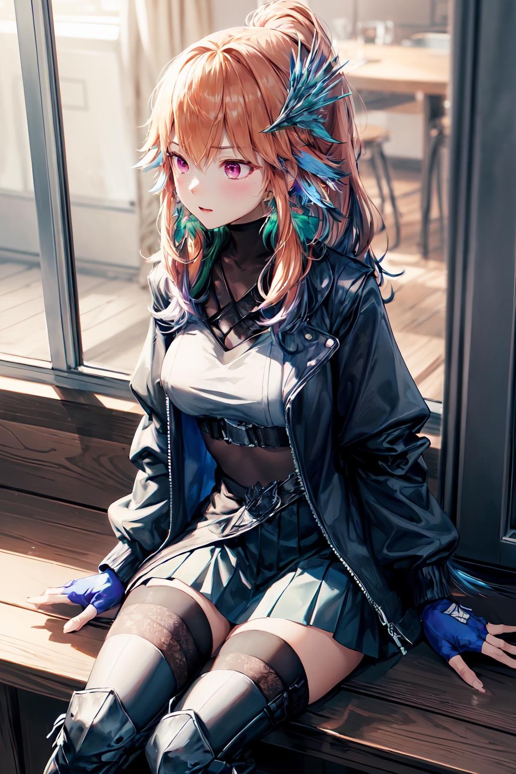 (takanashi kiara)  candid <lora:KitsuneAi-KiaraAlter-LoCon32-V3:1>long hair, jewelry, feathers, gloves, ponytail, feather earrings, fingerless gloves, thighhighs, colored inner hair, bangs, skirt, jacket, medium breasts, boots