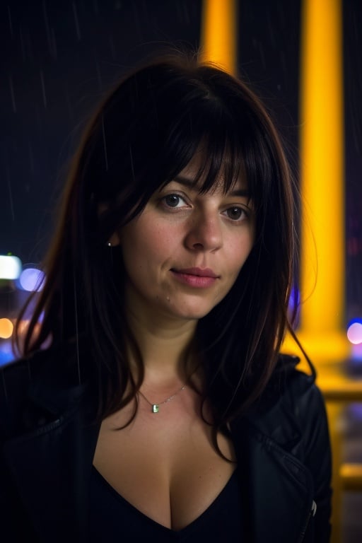 a beautiful german woman is standing in the rain near the brandenburg gate in berlin, dark night, heavy rain, bokeh, highly detailed