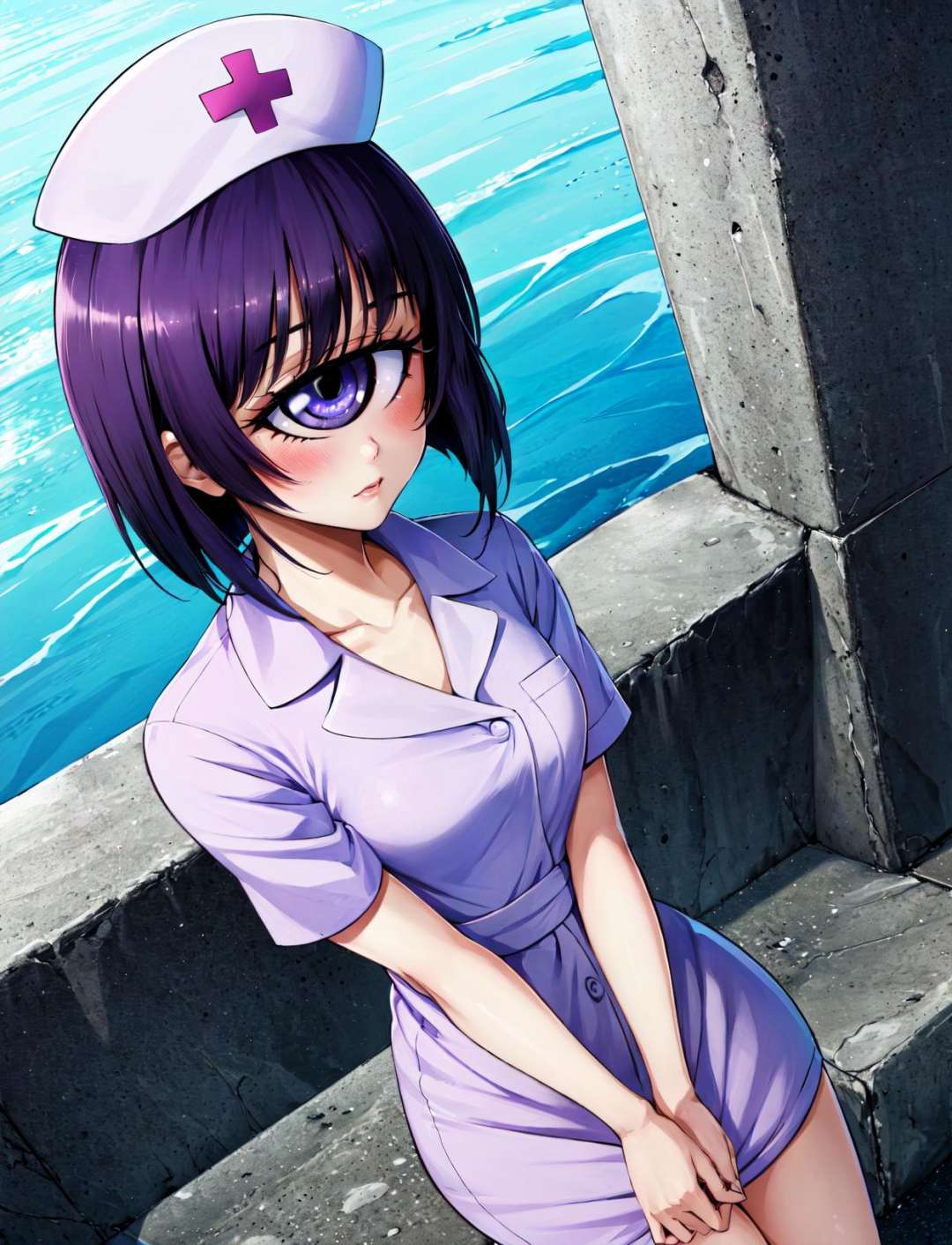 masterpiece, best quality, beach,eyelashes, blue eyes, purple eyes, one-eyed, cyclops,manako, 1girl, solo, looking at viewer, cowboy shot, short hair, purple hair, blush, medium breasts, nurse, nurse cap,<lora:LoRA_Manako:1>,