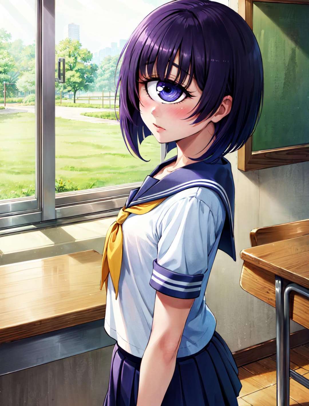 masterpiece, best quality, indoors,eyelashes, blue eyes, purple eyes, one-eyed, cyclops,manako, 1girl, solo, looking at viewer, cowboy shot, short hair, purple hair, blush, small breasts, school uniform, serafuku, pleated skirt,<lora:LoRA_Manako:1>,