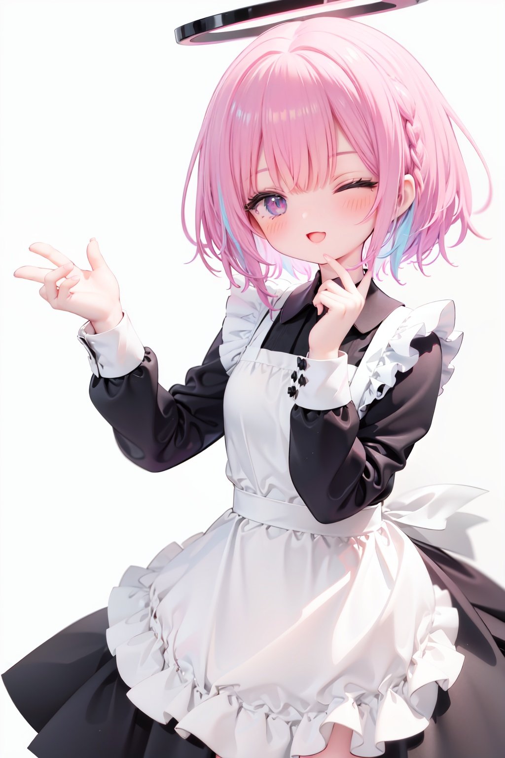  1girl, solo, apron, halo, hair over one eye, closed eyes, smile, white background, dress, white apron, simple background, long sleeves, multicolored hair, braid, open mouth, blue hair, alternate costume, blush, bangs, :d, pink hair, black dress, ribbon, frilled dress, enmaided, short hair, hand up, colored inner hair