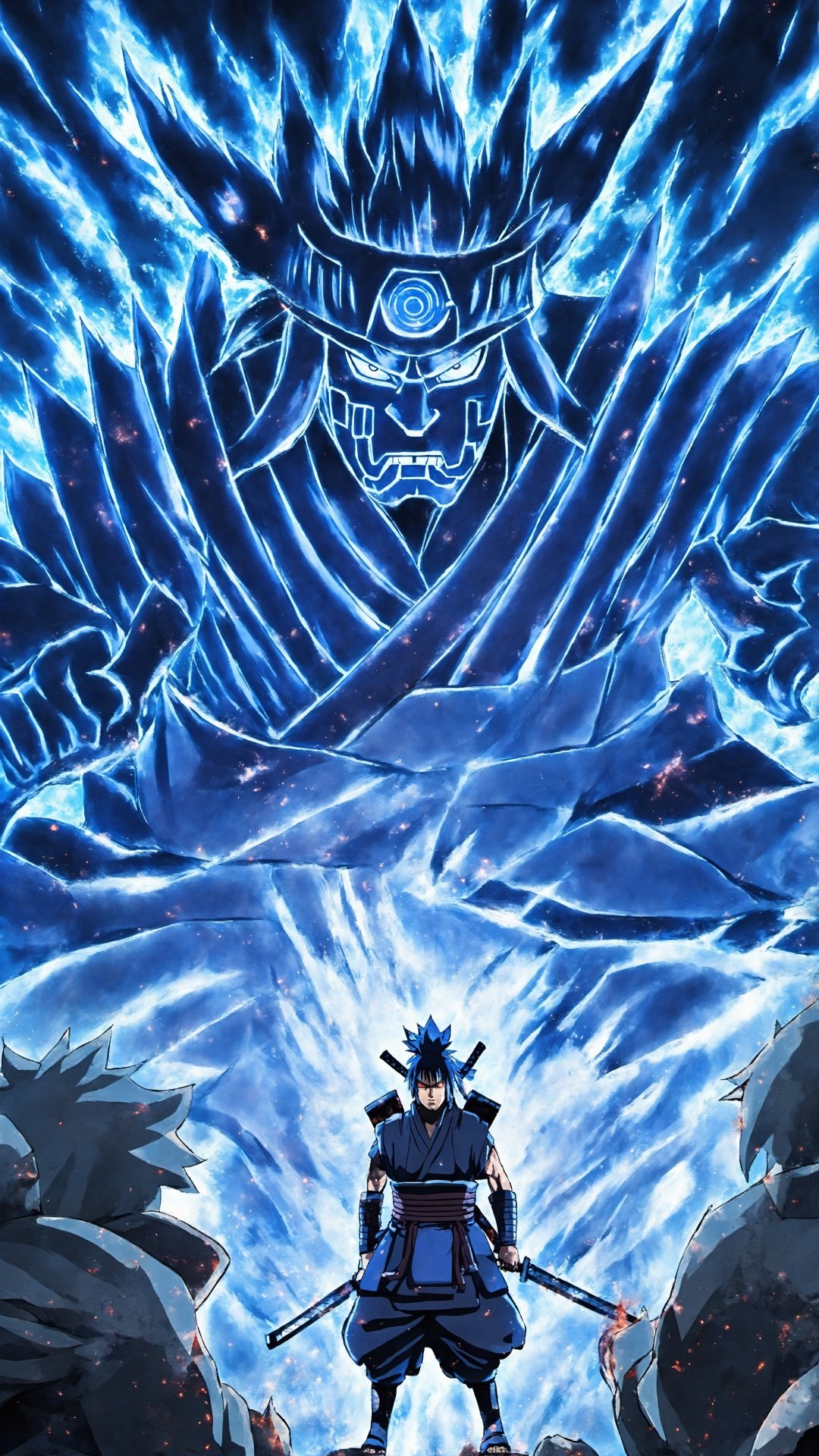 (Anime style: 1.5) Wide angle shot (Advanced color) (Simple details) (Conceptual supernatural energy forming a huge Japanese samurai) Susanoo dominates this scene, its tall body is filled with armor, and the mysterious runes on the armor emanate The faint blue light highlights its mystery and power. Under the hood, the Sharingan's pupils were as hot as fire and his eyes were determined. The huge sword was raised high, the blade reflecting strong light, showing destructive power. Sasuke stood on Susanoo's palm, his face was covered, and only the Sharingan pupils showed determination. Sasuke seems to blend into this massive form, demonstrating his close connection with Susanoo