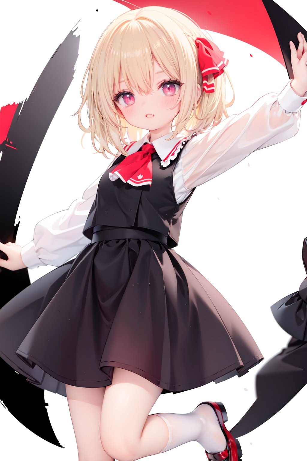  1girl, rumia, blonde hair, solo, white background, red eyes, red footwear, simple background, ascot, short hair, ribbon, open mouth, hair ribbon, smile, long sleeves, shirt, looking at viewer, red ascot, white socks, white shirt, red ribbon, shoes, socks, frills, bangs, outstretched arms, hair between eyes, skirt, :d, dress, vest, mary janes, black dress, black skirt, collared shirt, black vest, blush