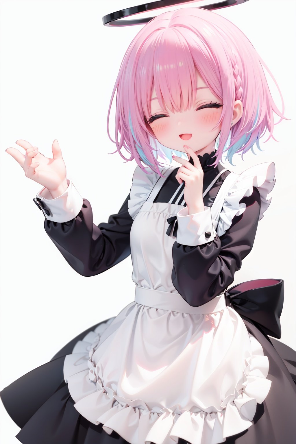  1girl, solo, apron, halo, hair over one eye, closed eyes, smile, white background, dress, white apron, simple background, long sleeves, multicolored hair, braid, open mouth, blue hair, alternate costume, blush, bangs, :d, pink hair, black dress, ribbon, frilled dress, enmaided, short hair, hand up, colored inner hair