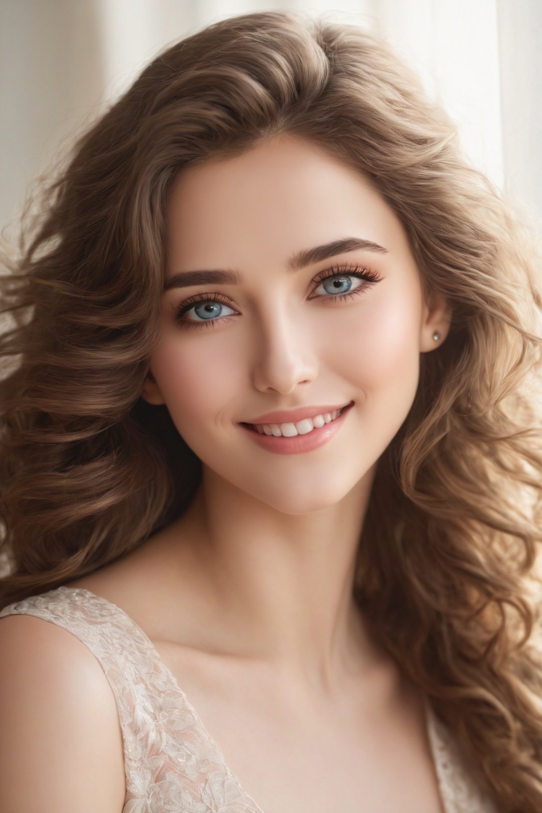 (highres,masterpiece:1.2),ultra-detailed,portrait,beautiful detailed eyes, beautiful detailed lips, cute smile, long eyelashes, flawless skin, stunningly beautiful, wavy hair, natural light, feminine, soft colors, realistic:1.37