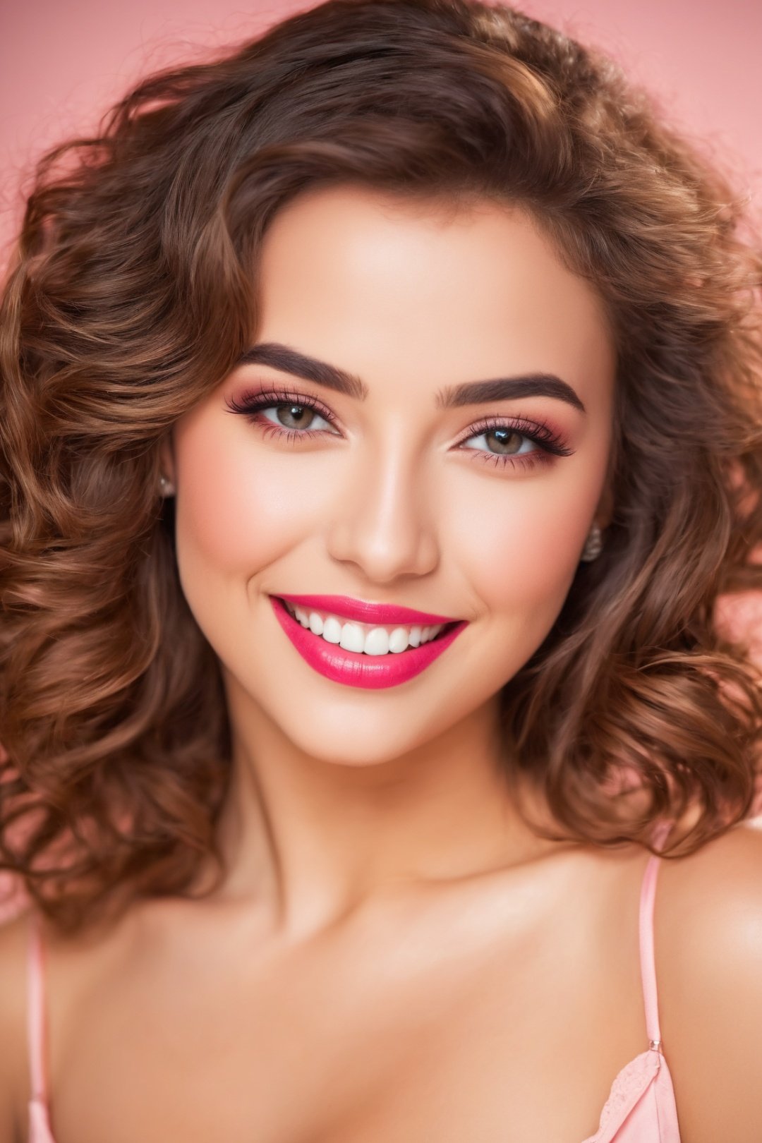 (best quality,highres),sexy woman,cute smile,detailed eyes,detailed lips,loose wavy hair,rosy cheeks,flawless skin,vibrant personality,alluring gaze,pin-up style makeup,stunning beauty,feminine charm,radiant smile,sultry expression,confident posture,portrait,soft lighting,vivid colors