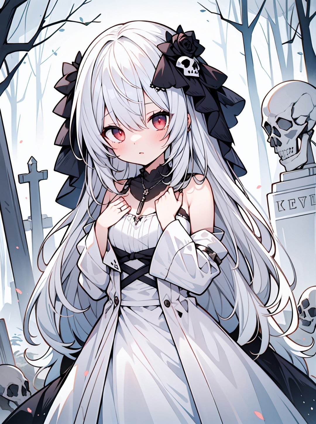  1 girl, Ghost Bride, with terrifying eyes, full of murderous aura, sharp eyes, white hair, xinniang, blackmagic,skull necklace,exposed bone,tombstone,loli,petite, hand on own stomach