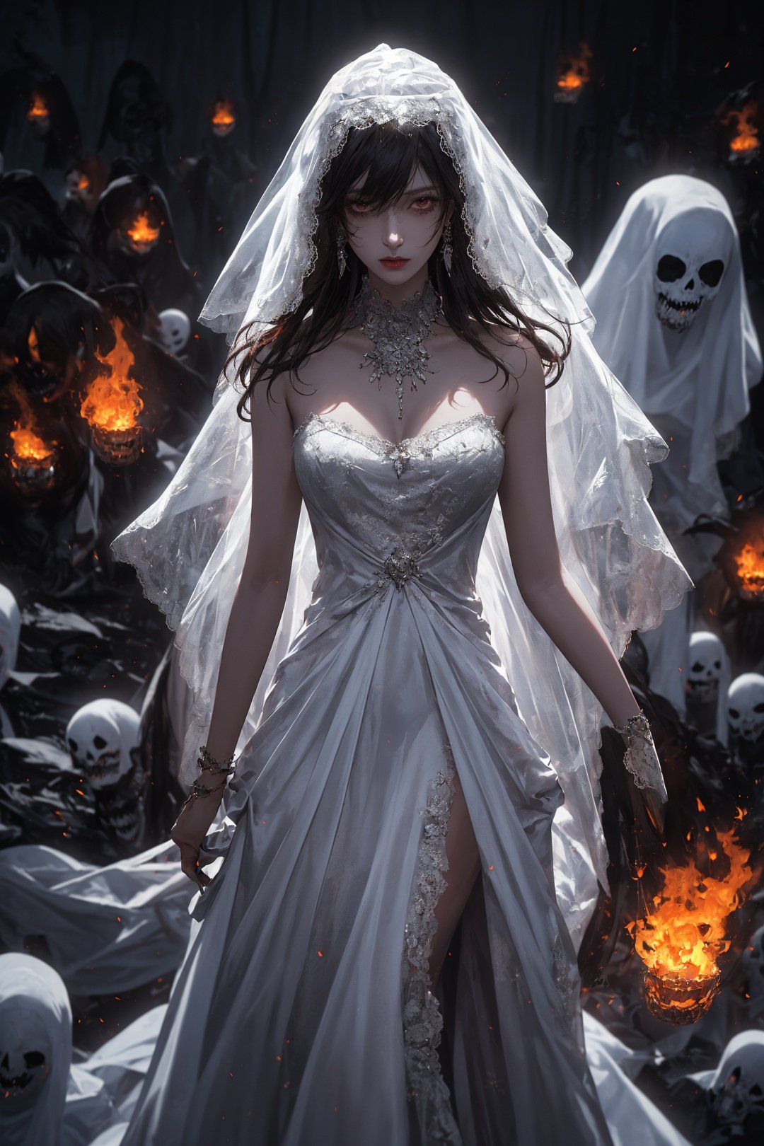  (masterpiece:1.2), a cinematic photo, from a movie still,Ghost Bride, a girl in transparent silky gown, surrounded by fiery ghouls, ghouls and ghosts on the other side trying to reach her, liquid insanity, magnetic allure, dark and mysterious, a hauntingly beautiful tormented photo, a beautiful girl in the middle of the photo, monsters in the background, insanely detailed and intricate, hypermaximalist, elite, horror, creepy, ominous, haunting, cinematic, cgsociety, colossal, James jean, Brian froud