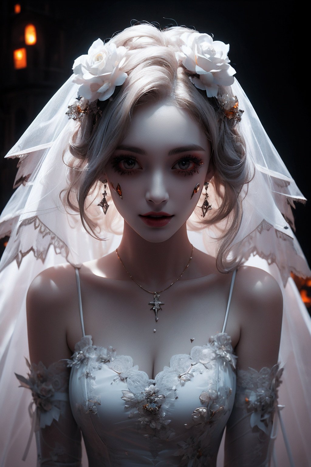  Halloween carnival night, Ghost bridal makeup, Crisp white wedding dress, Perfect for battle damage, True photography style, Bat and ghost fire, Pumpkin background, Epic picture, Face the camera, Whole body, Close-up, Realism, Super detail, 16K, HD, xinniang