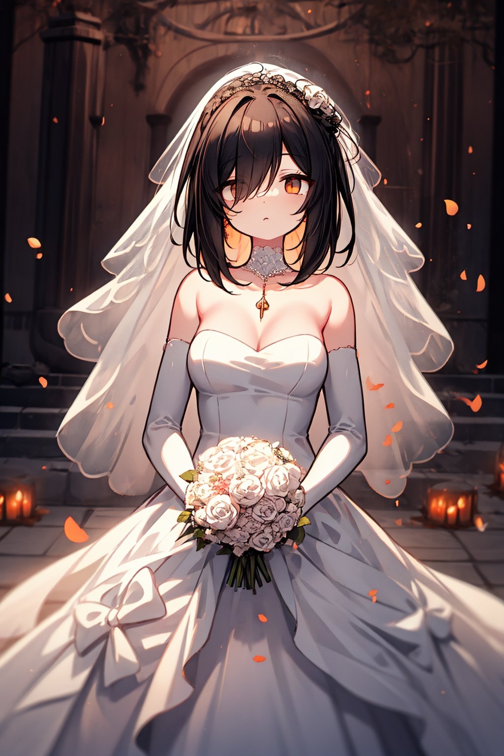  Skeleton Bride, Holding flowers in the hand, Wearing a wedding dress, Wait at the cemetery, So many details., hell, blackmagic, macron, solid eyes, xinniang