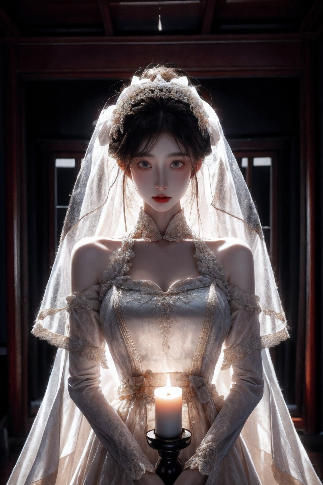  Ghost bride, in a haunted mansion, surrounded by eerie decorations, wearing a traditional Chinese wedding dress, with a solemn expression, holding a lantern, surrounded by flickering candles, bats flying overhead, cobwebs covering the walls, a sense of mystery and darkness, Complex details, Hdr, Complex Details, Super Details, photography, light, shadows, textures, Centering, Masterpiece, Best Quality, 8k, Crazy Detail, Intricate Detail, High Detail, High quality, High quality, Detail, Super Detail.