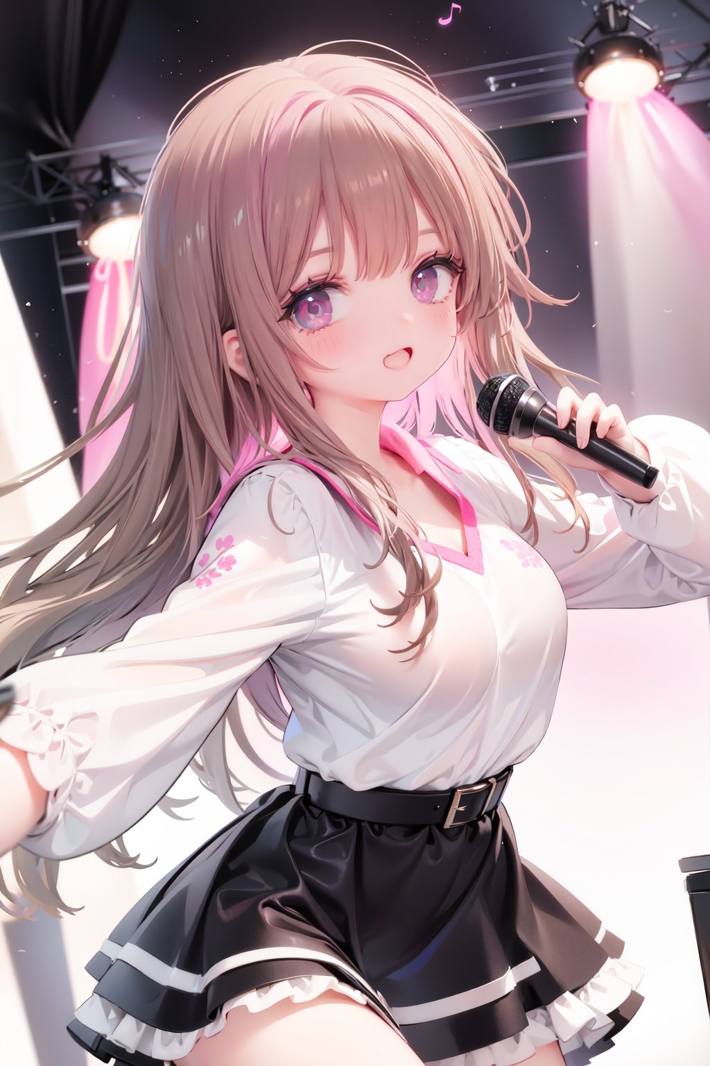  1girl, solo, microphone, smile, skirt, blush, brown eyes, long hair, open mouth, looking at viewer, brown hair, long sleeves, :d, shirt, bangs, belt, breasts, pink shirt, outstretched arm, music, black belt, medium breasts, holding microphone, singing