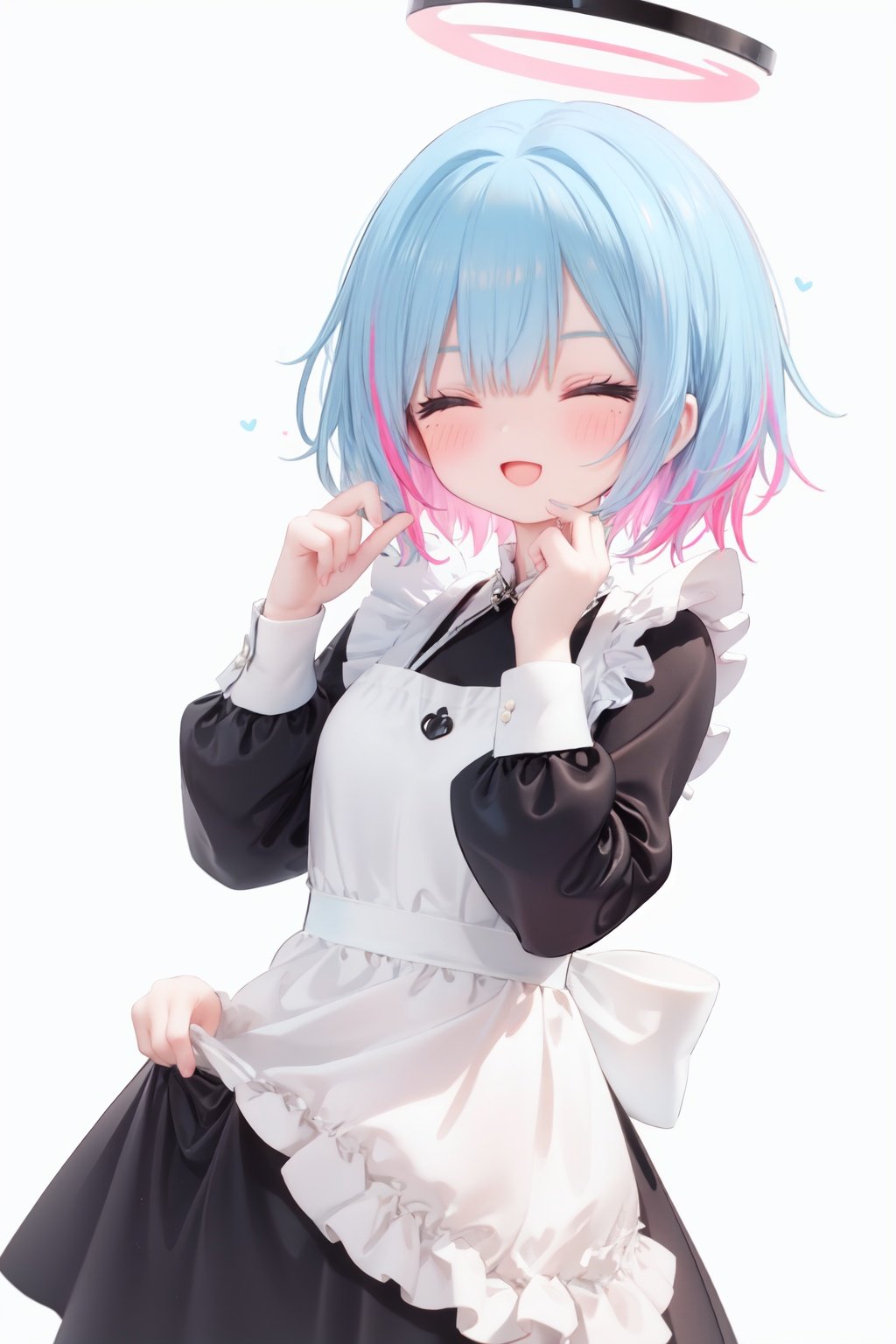  1girl, solo, apron, halo, hair over one eye, closed eyes, smile, white background, dress, white apron, simple background, long sleeves, multicolored hair, braid, open mouth, blue hair, alternate costume, blush, bangs, :d, pink hair, black dress, ribbon, frilled dress, enmaided, short hair, hand up, colored inner hair